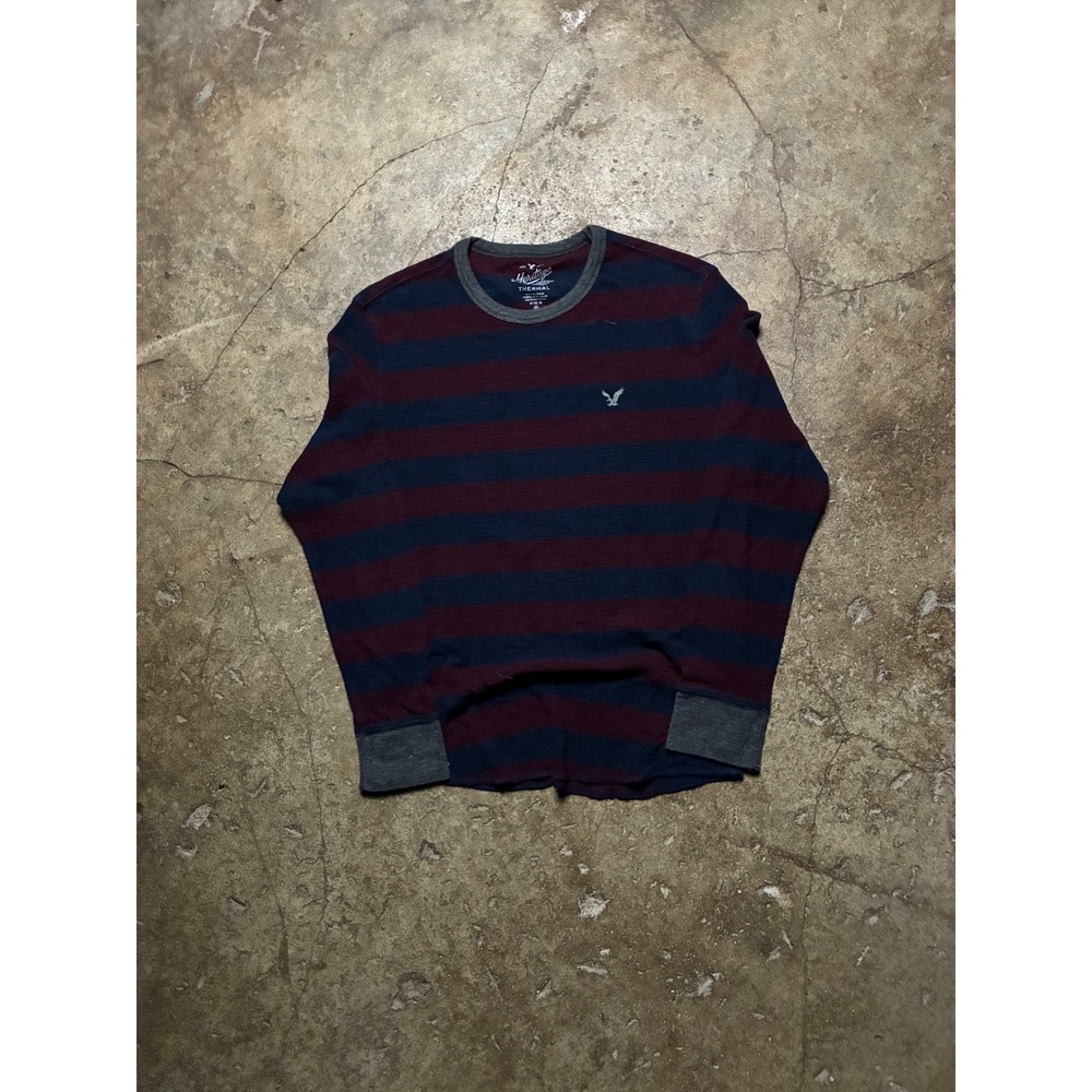 American Eagle Heritage Thermal Shirt Mens Medium Blue Burgundy Striped Waffle